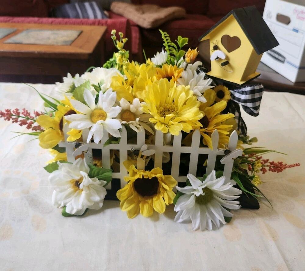 Bee Bird House Artificial Floral Arrangement Centerpiece Sunflowers Handmade